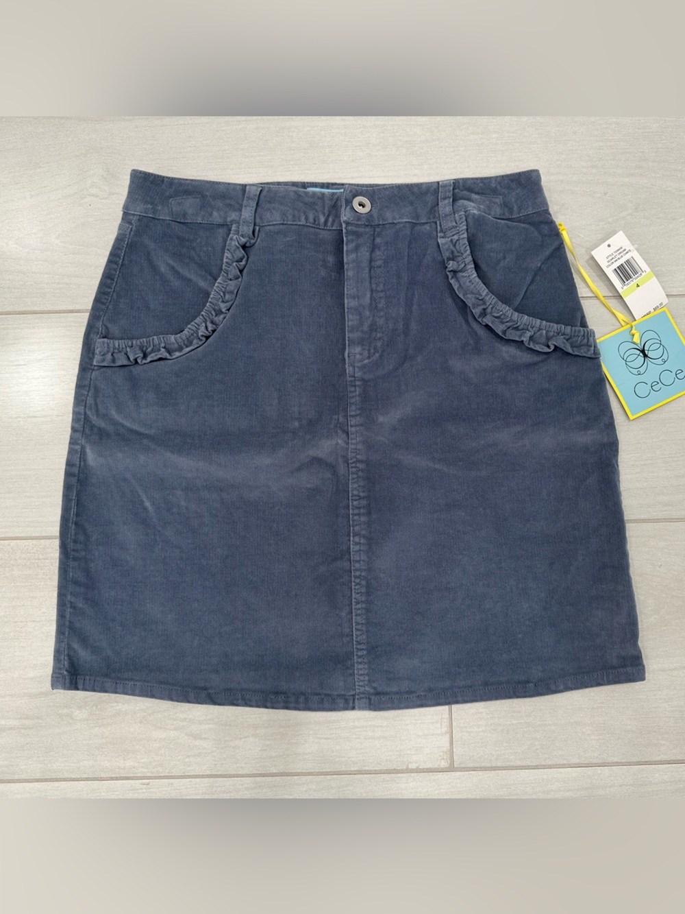 NWT CeCe Dark Blue Corduroy Mini Skirt with Ruffle Trim Pockets Size 4